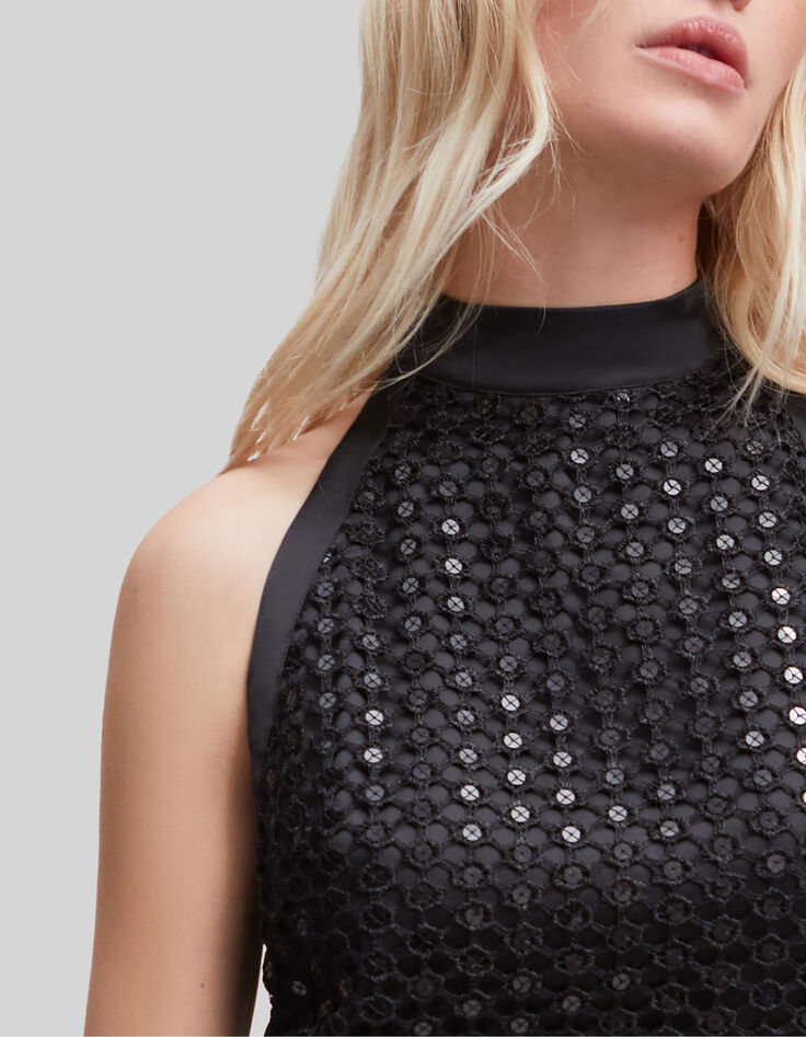 Schwarzes Damen-Midikleid mit Spitze amerikanische &Auml;rmel-5