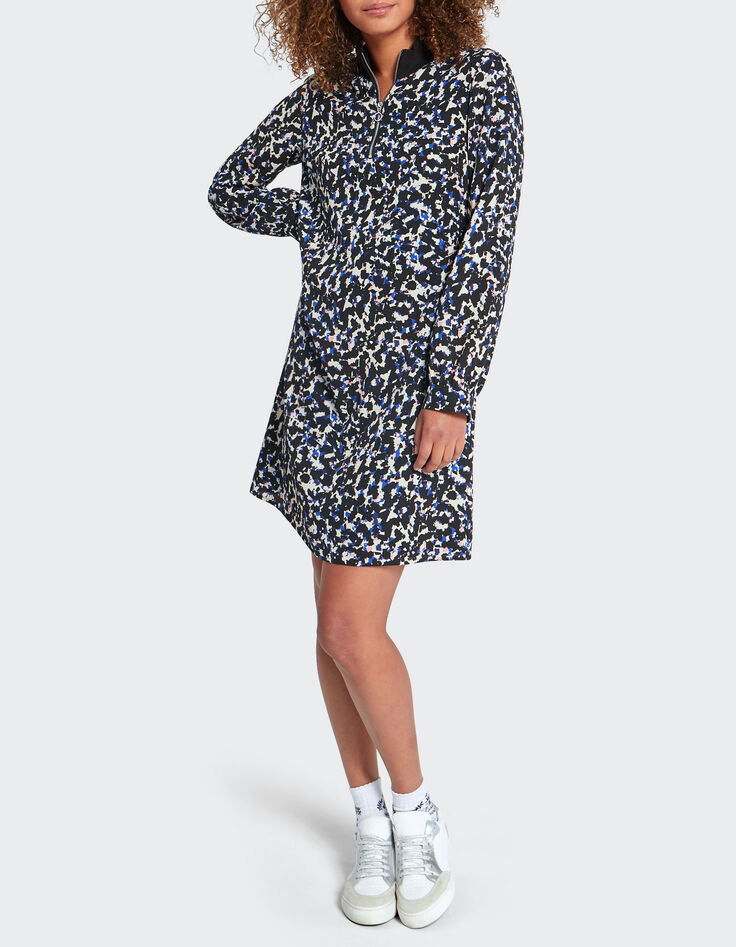 Schwarzes Kleid mit Fleckenprint und Troyerkragen I.Code -2 Schwarzes Kleid mit Fleckenprint und Troyerkragen I.Code -2