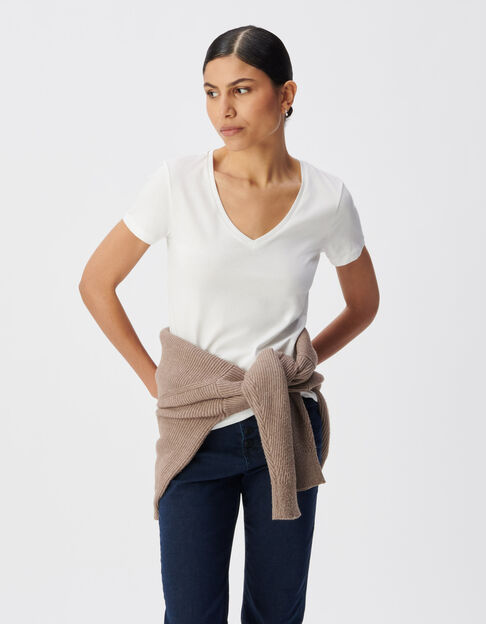 Wei&szlig;es V-Ausschnitt T-Shirt Damen mit Fischgr&auml;ten-Stickerei - IKKS