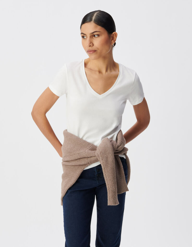 Wei&szlig;es V-Ausschnitt T-Shirt Damen mit Fischgr&auml;ten-Stickerei-2