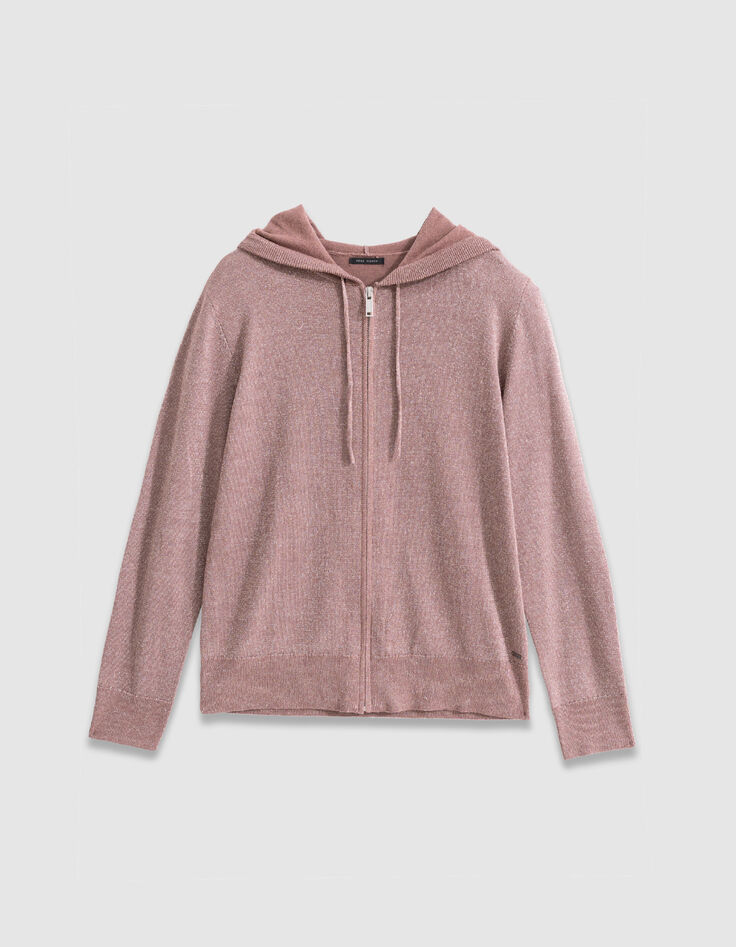 STRICKJACKE mit Kapuze burgunderfarbener Strick Lurex Fischgr&auml;ten R&uuml;cken Damen-5