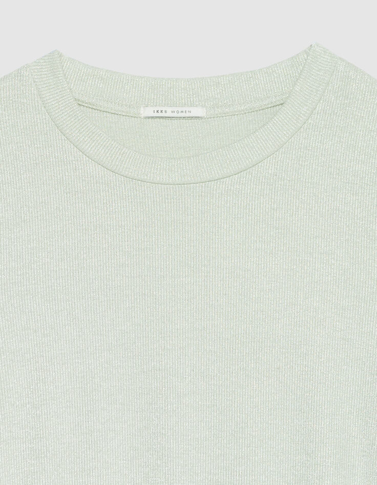 Gr&uuml;nes paillettenbesetztes Damen-Rundhalsausschnitt-T-Shirt mit gerafften &Auml;rmeln-7