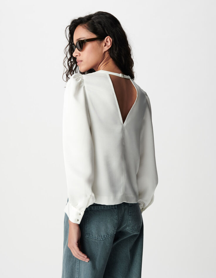 Wei&szlig;e Satin Bluse mit V-Ausschnitt f&uuml;r Damen-4