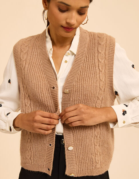 Ecru mouwloos vest details kabelbreiwerk I.Code