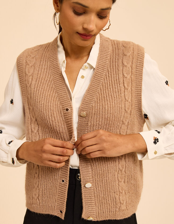 Ecru mouwloos vest details kabelbreiwerk I.Code-1