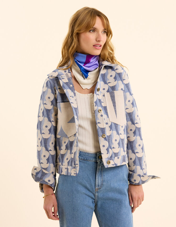 Veste bleue jacquard motif fleurs I.Code-3