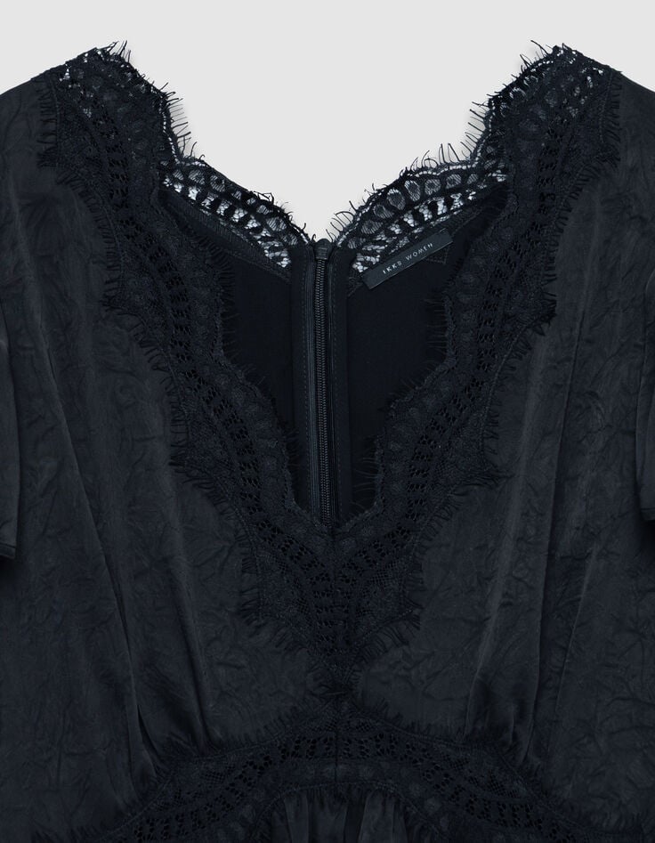 Schwarzes Maxikleid f&uuml;r Damen aus Satin mit Details aus geknitterter Spitze-7