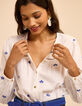 I.Code ecru blouse with blue flower embroidery-3