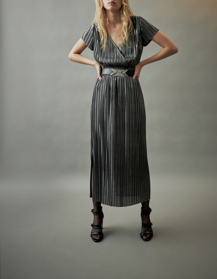 Langes silbernes Damen-Plisseekleid-6