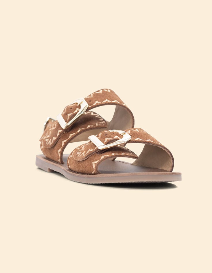 Camelbraune Flachsandalen, besticktes Veloursleder I.Code-2 Camelbraune Flachsandalen, besticktes Veloursleder I.Code-2