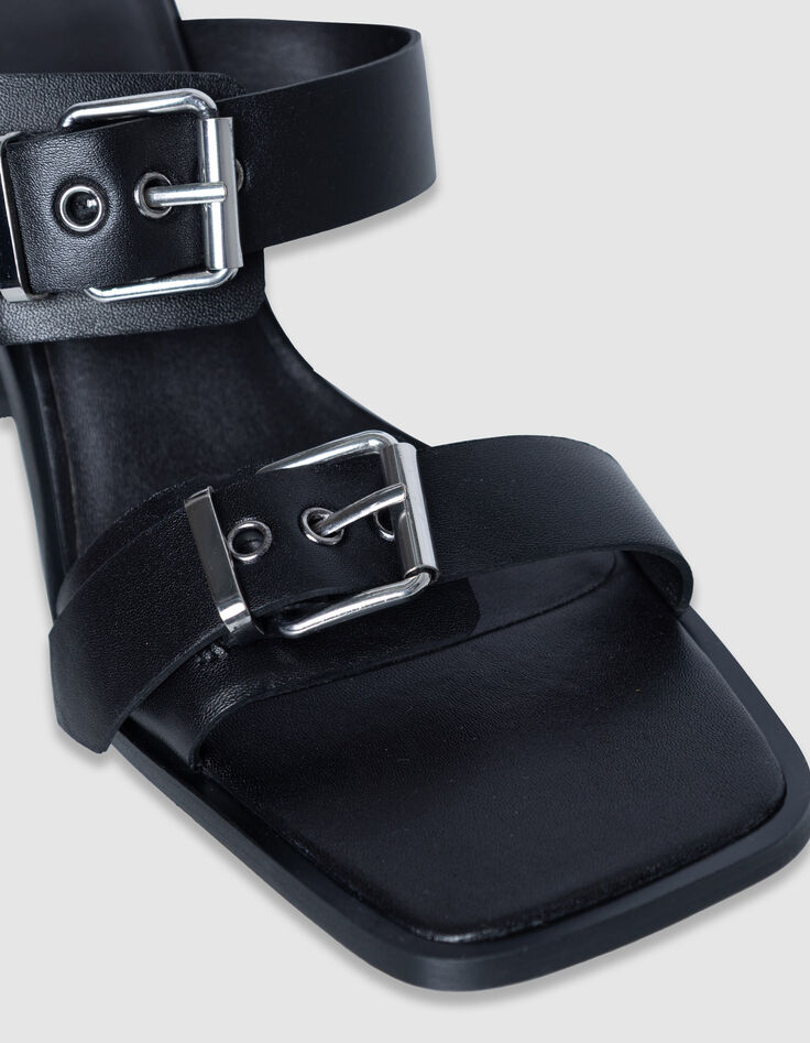 Pantoletten aus schwarzem Leder mit doppeltem Riemen und Absatz f&uuml;r Damen-5