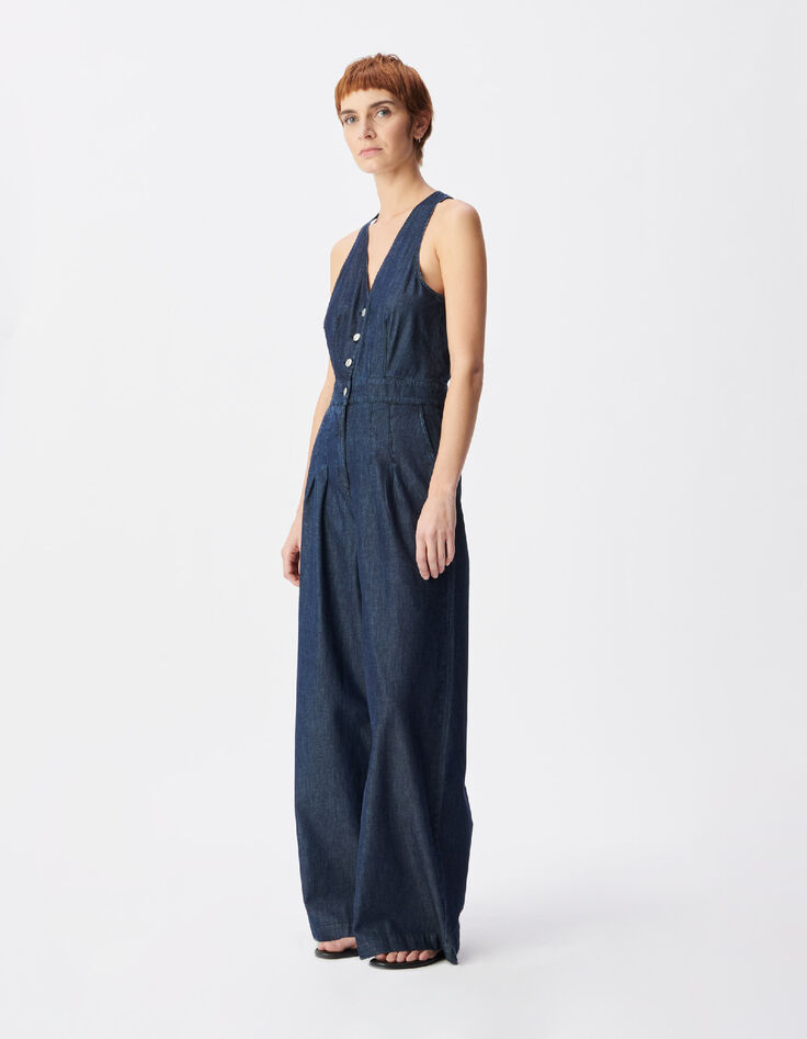 Mujer mono ancho de denim crudo sin mangas-4