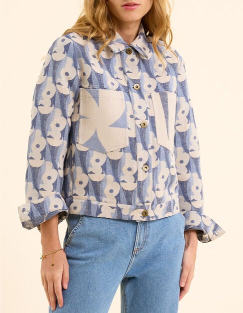 Veste bleue jacquard motif fleurs I.Code