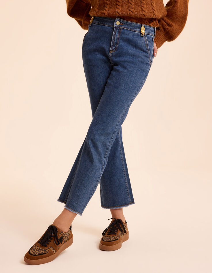 Flared blue cropped jeans fringed bottoms I.Code-3
