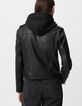 Women's black leather biker jacket with detachable hood-3