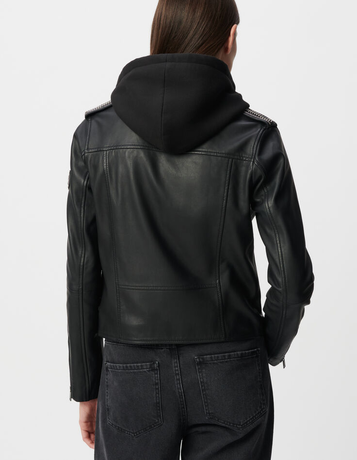 Women's black leather biker jacket with detachable hood-3