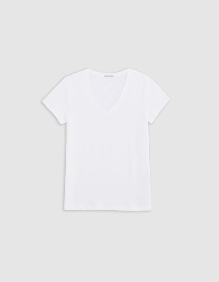 Wei&szlig;es V-Ausschnitt T-Shirt Damen mit Fischgr&auml;ten-Stickerei-5