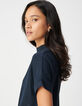 Kurzarm-T-Shirt f&uuml;r Damen mit Pailletten in Marineblau-5