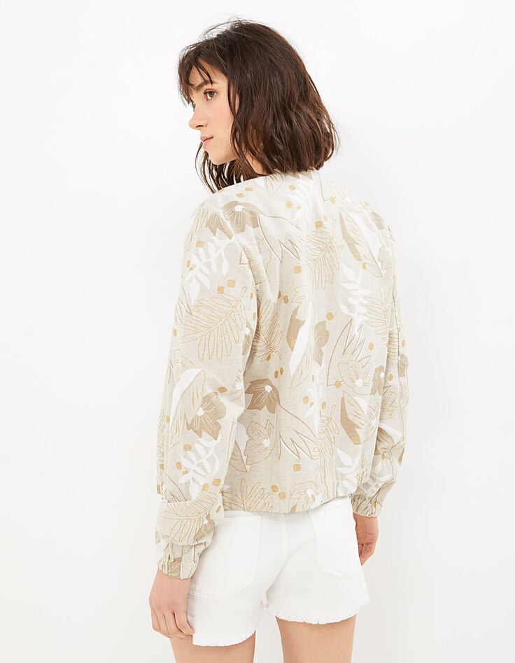 Beige baseballjack print bladeren en gouden stippen I.Code-3 Beige baseballjack print bladeren en gouden stippen I.Code-3