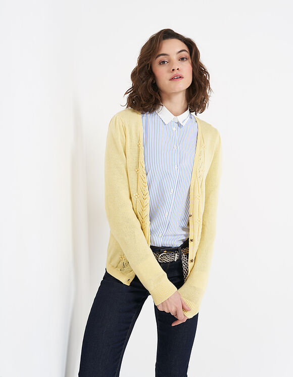 I.Code ice yellow knit cardigan with decorative stitch