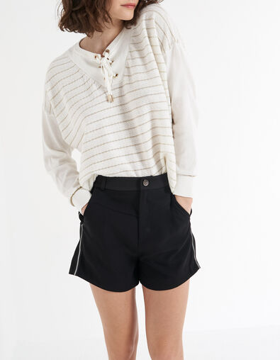 I.Code off-white textured knit sweater with gold stripes