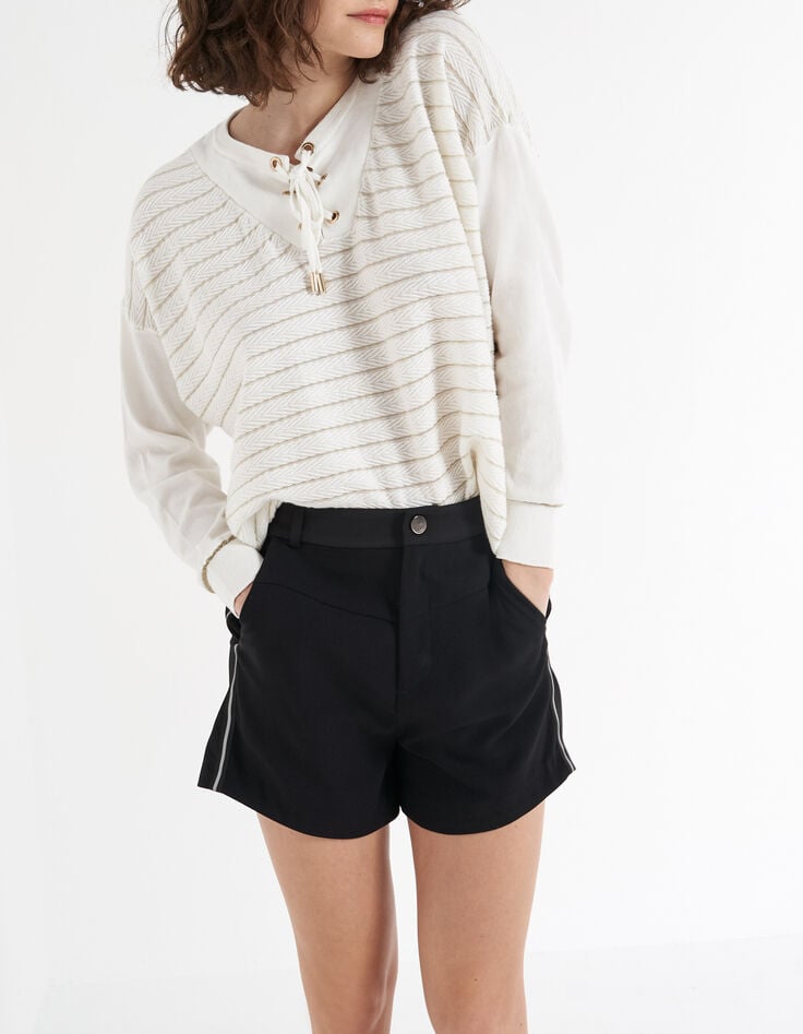 I.Code off-white textured knit sweater with gold stripes-1