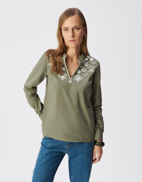 Latzbluse aus khakifarbener Bio-Baumwolle mit Stickerei f&uuml;r Damen - IKKS