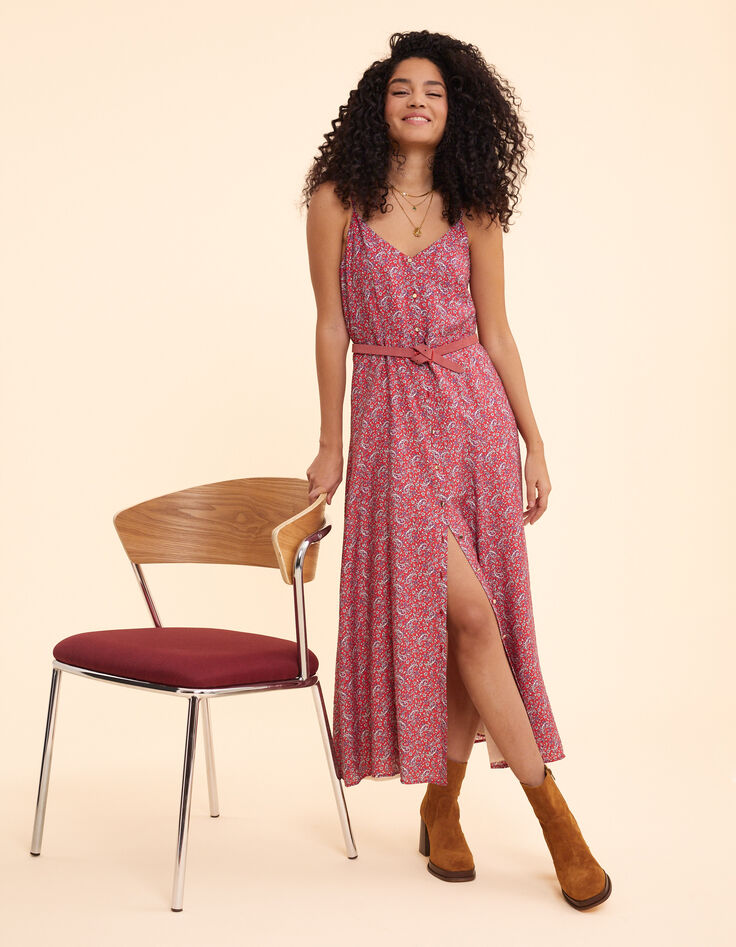 Robe fines bretelles rouge imprimé cachemire I.Code-1