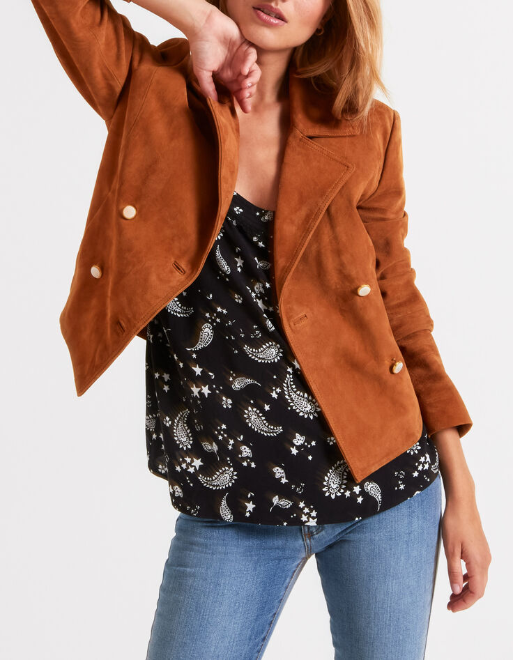 Veste caban court camel en cuir velours I.Code-1