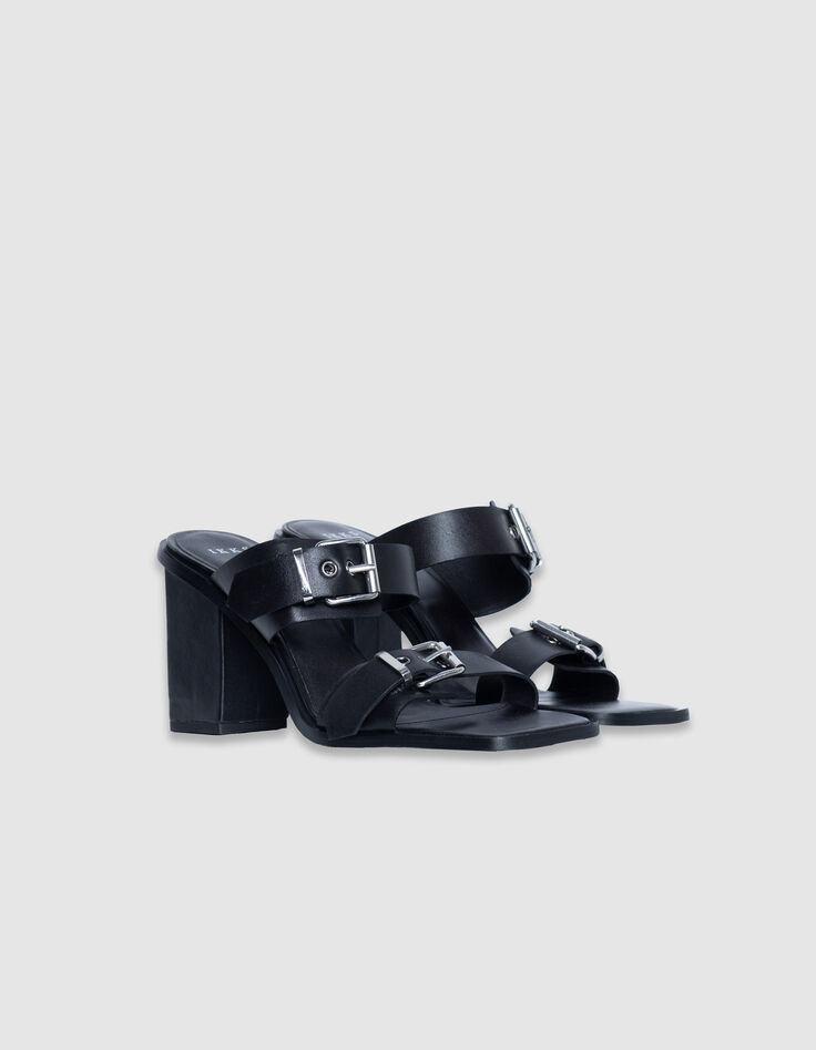 Pantoletten aus schwarzem Leder mit doppeltem Riemen und Absatz f&uuml;r Damen-4
