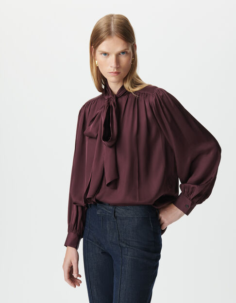 Camisa burdeos satinado cuello lazo mujer - IKKS