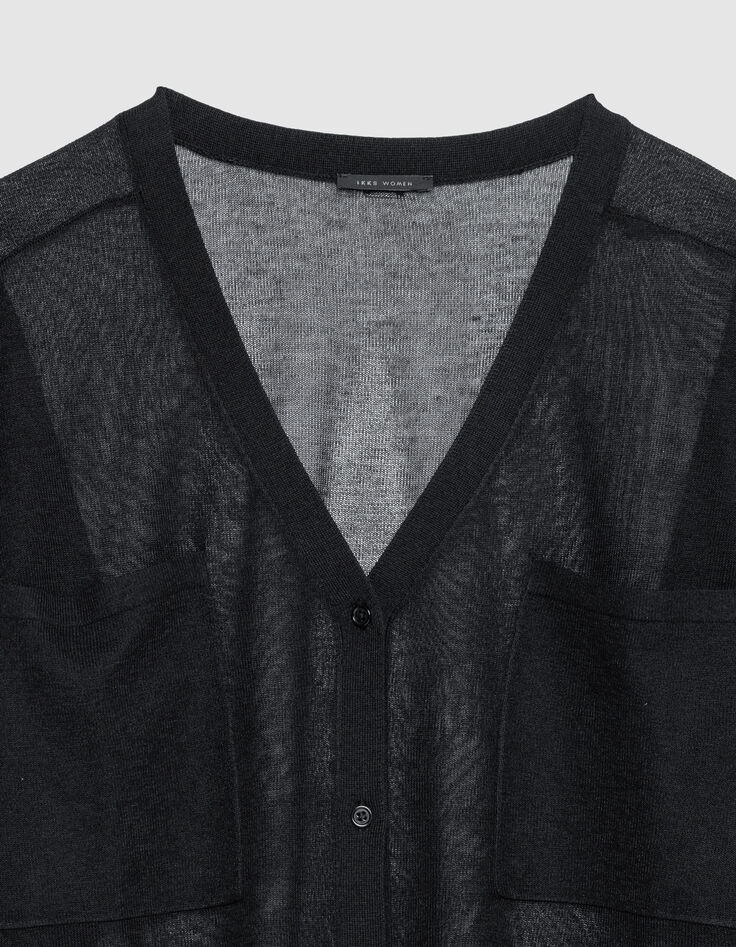 Black long-sleeved cardigan with knit pockets for women-7