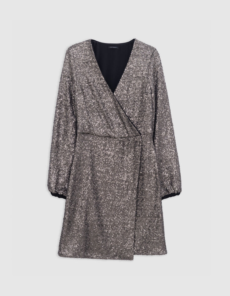 Graues Metallic-Pailletten besticktes Damen-Wickelkleid -6