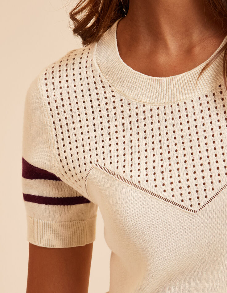 I.Code white openwork knit sweater with burgundy stripes-5