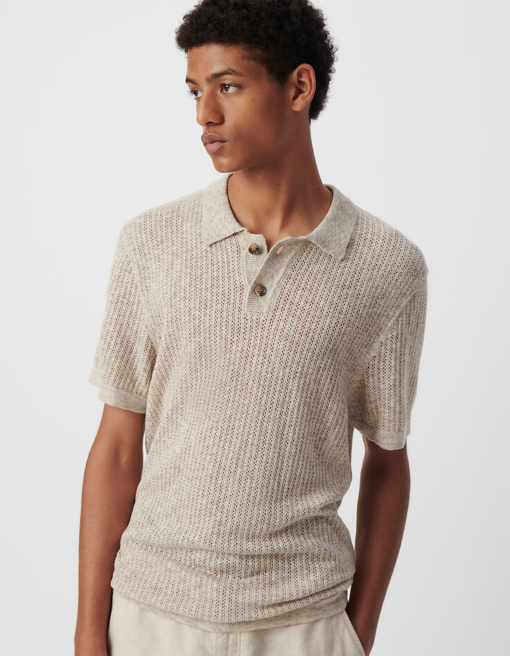 Beiges Herrenpoloshirt, Lochstrick-5