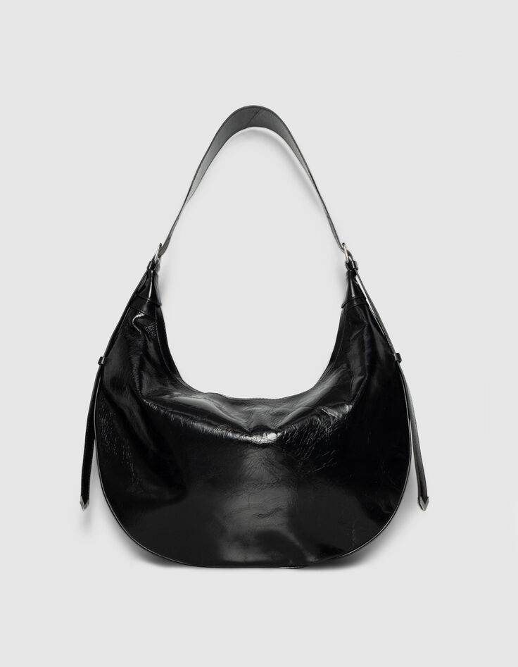 Schwarze Damenhalbmondtasche gl&auml;nzendes Allane-Leder-3