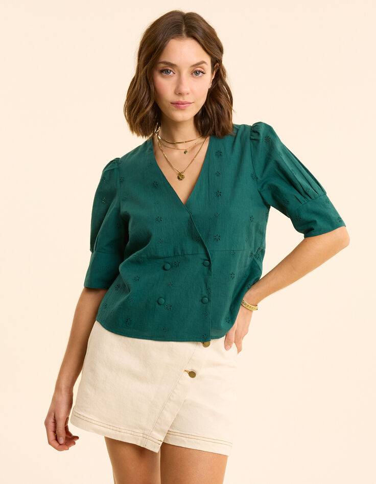 Top vert broderie anglaise boutonnage croisé I.Code-3 Top vert broderie anglaise boutonnage croisé I.Code-3