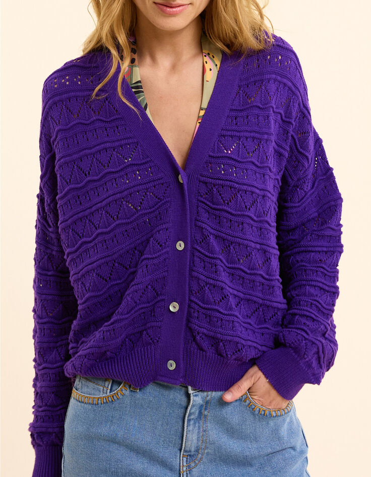 Cardigan violet tricot ajour&eacute; fantaisie I.Code-2