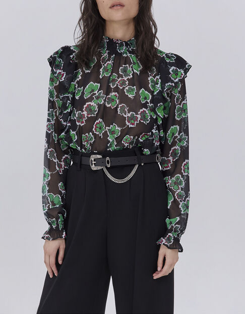 Schwarze Damenr&uuml;schenbluse mit Maxi-Blumenprint - IKKS