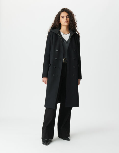 Manteau long noir parementure &agrave; capuche amovible Femme - IKKS