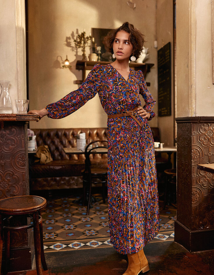 Robe longue camel imprim&eacute; cachemire multico I.Code-8
