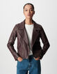 Veste cuir bordeaux esprit motard capuche amovible Femme-6