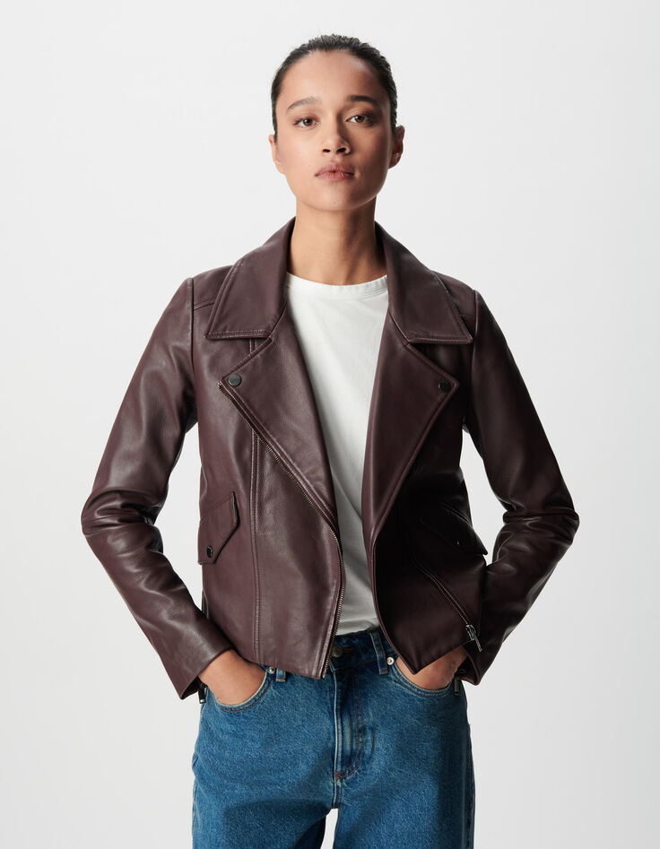 Veste cuir bordeaux esprit motard capuche amovible Femme-6