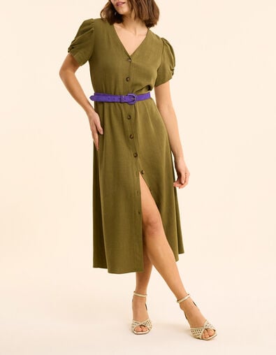 Robe midi kaki boutonn&eacute;e lin m&eacute;lang&eacute; I.Code