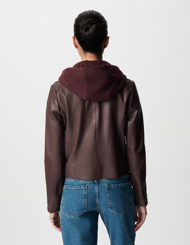 Veste cuir bordeaux esprit motard capuche amovible Femme-4