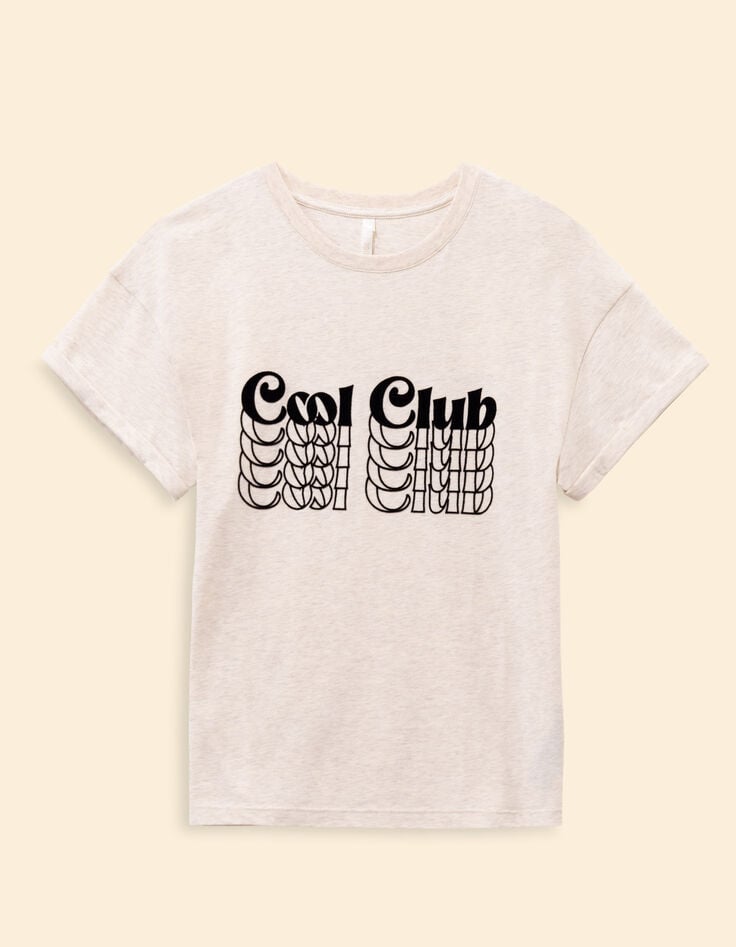 Cremeweißes T-Shirt geflockter Veloursschriftzug I.Code-6 Cremeweißes T-Shirt geflockter Veloursschriftzug I.Code-6