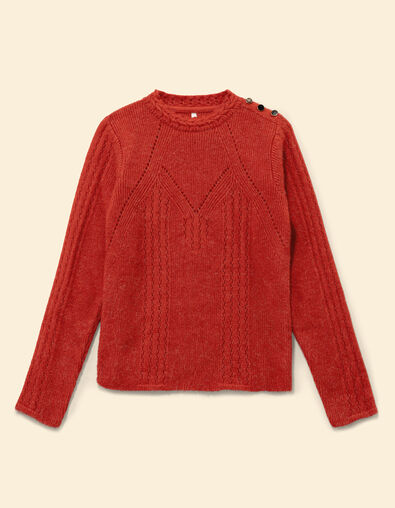 Orangener Strickpullover Schulterknöpfe I.Code