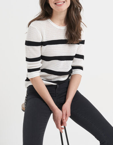 Pull marinière blanc cassé et noir tricot ajouré I.Code