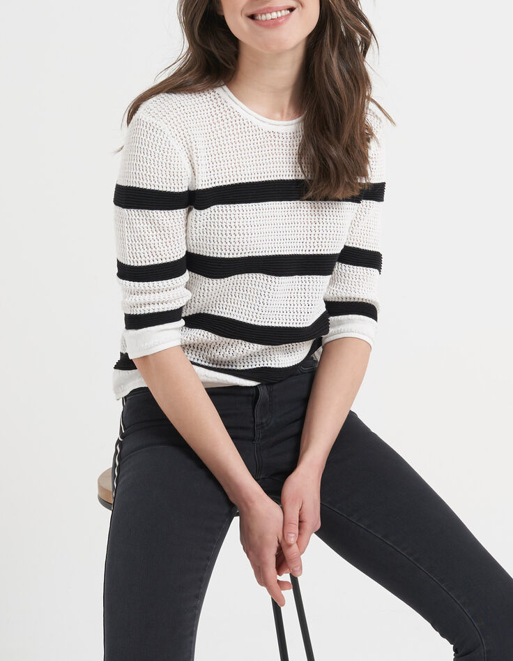 Pull marinière blanc cassé et noir tricot ajouré I.Code-1