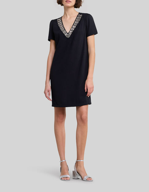 Schwarzes Recycling-Damenkleid mit Strass am Kragen - IKKS